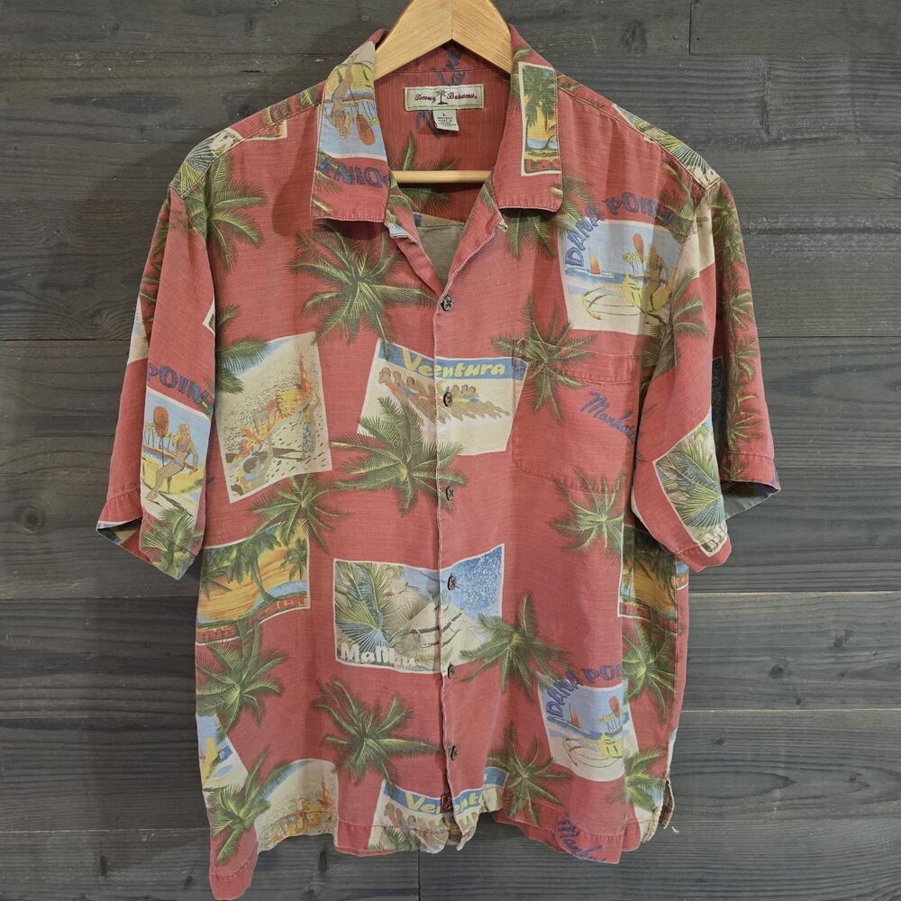 Tommy Bahama Postcard Paradise Men's L 100% Silk Hawaiian Shirt Red Ventura